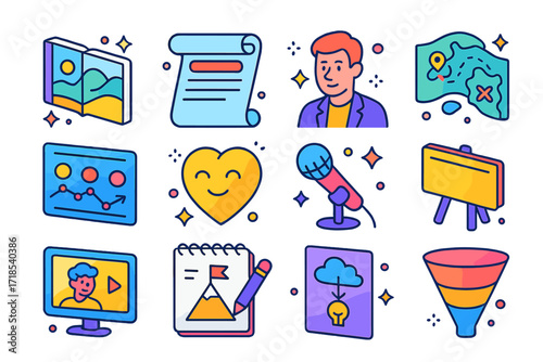 Storytelling Branding Icons. Colorful isometric vector icons set of business branding through storytelling: brand storybook, mission statement scroll, origin