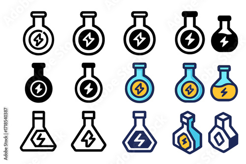 Flask Energy Logos. Set Logo of Flasks: Flask with glowing energy symbol. Logo set in vector style, emblematic variations. line, bold thick line, solid black
