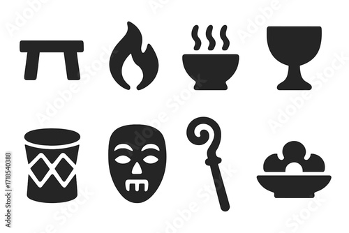Ancient Ritual Icons. Solid, filled icon set of ancient rituals and ceremonies: altar, flame, incense, ceremonial cup, drum, mask, staff, offering plate.