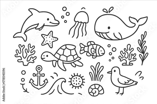 Ocean Wildlife Doodles. Hand-drawn doodle illustration [ocean wildlife] [dolphin, whale, turtle, jellyfish, clownfish, starfish, coral reef, crab, wave,