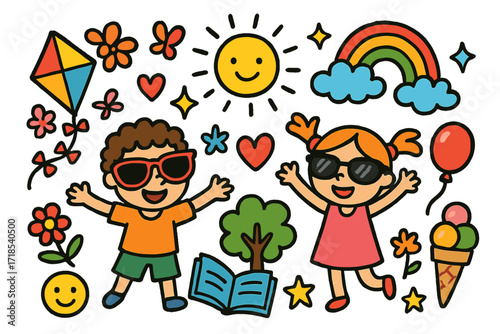Playful Outdoor Doodles. Colorful Hand-drawn doodle Children illustration Fun Outdoors with Sunglasses sunglasses, kite, balloon, rainbow, sun,