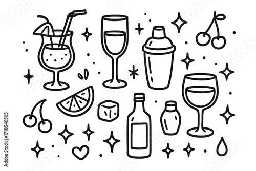 Party Drink Doodles. Hand-drawn doodle illustration Party drinks cocktail glass, champagne flute, wine glass, straw, umbrella, cherry, lemon slice, ice cube,