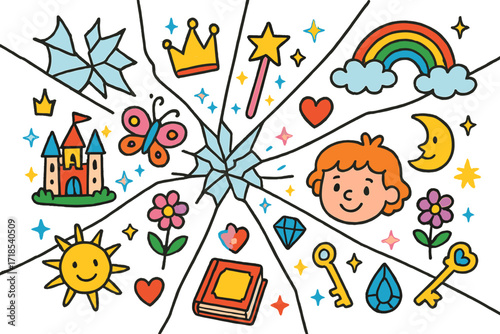 Fairy Tale Fantasy. Colorful Hand-drawn doodle Children illustration Broken Fairy Tale shattered glass, crown, castle, wand, butterfly, sparkles, rainbow,