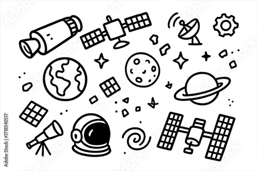 Space Junk Doodle. Hand-drawn doodle illustration Orbital junk rocket booster, satellite, antenna, gear, fragment pieces, Earth, moon, star, spark, solar