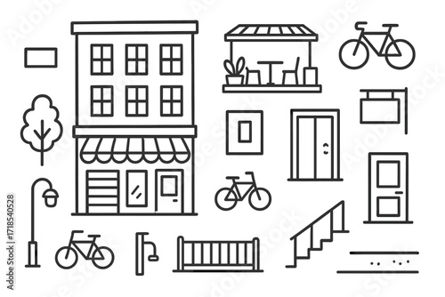 Modern Building Doodle. Hand-drawn doodle illustration Mixed-use modern buildings store front, apartment windows, rooftop cafe, bicycle icon, signboard, modern
