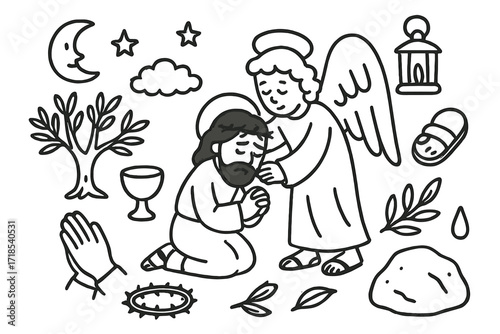 Angel Comforts Jesus. Hand-drawn doodle illustration Angel comforting Jesus angel, kneeling figure, olive tree, cup, hands in prayer, stars, moon, halo, cloud,
