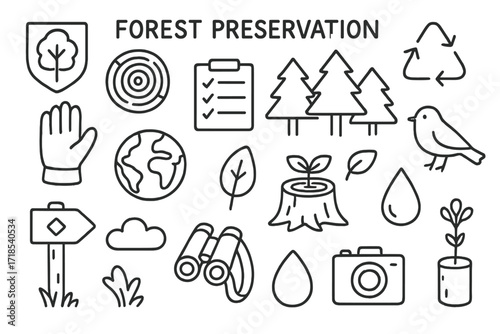 Forest Preservation Icons. Hand-drawn doodle illustration [Forest preservation] [protected tree sign, tree rings, forest icon, recycling symbol, glove,