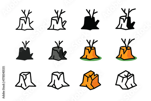 Barren Tree Logo Set. Set Logo of Barren Tree: Broken Tree Stump. Logo set in vector style, emblematic variations. line, bold thick line, solid black filled,