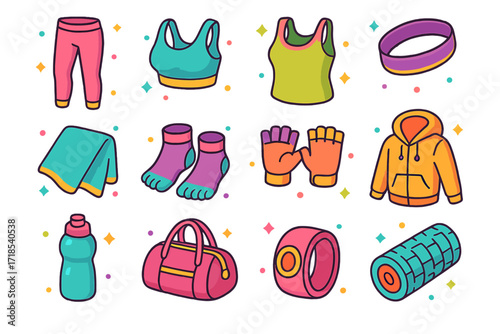 Yoga Gear Icons. Colorful isometric vector icons set of Yoga Outfits and Accessories: yoga leggings, sports bra, tank top, headband, sweat towel, barefoot