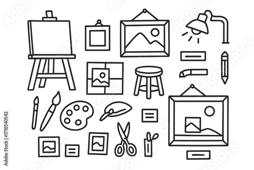 Art Studio Doodle. Hand-drawn doodle illustration [Art studio displaying framed pieces] [easel, canvas, frame, stool, paintbrush, palette, framed painting,