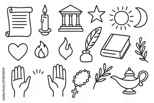 Ancient Symbols Doodle. Hand-drawn doodle illustration Ancient manuscripts scroll, candle, feather quill, ink bottle, book, temple, star, sun, moon, heart,