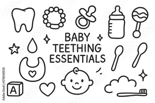 Baby Teething Doodle. Hand-drawn doodle illustration Baby teething essentials [tooth, teething ring, pacifier, bottle, rattle, bib, spoon, droplet, toy block,