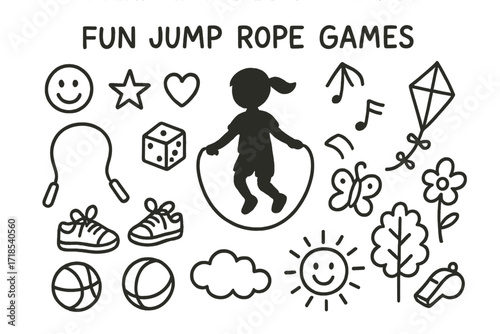 Fun Jump Rope Doodles. Hand-drawn doodle illustration Fun jump rope games [jump rope, dice, child silhouette, smile face, star, heart, sneakers, ball, kite,