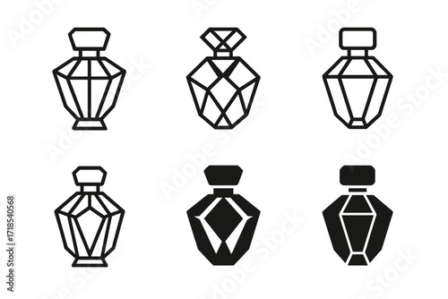 Perfume Logo Variations. Perfume. Set Logo of Perfume: Crystal bottle. harmonious logo variations of the same emblematic concept, each with different artistic