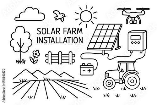Solar Farm Sketch. Hand-drawn doodle illustration solar farm installation solar panel, field, sun, tractor, fence, grass, tree, battery, inverter, cable,