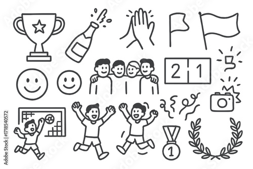 Team Celebration Doodle. Hand-drawn doodle illustration [Team celebration moments] [trophy, champagne pop, high five, smile face, team huddle, flag wave,