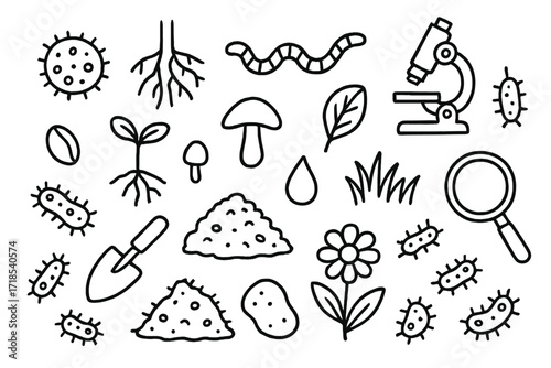 Soil Microbe Doodle Scene. Hand-drawn doodle illustration soil microbes bacteria shape, roots, worm, microscope, seed, sprout, mushroom, leaf, droplet, shovel,