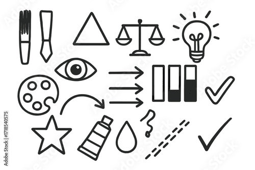 Creative Icons Doodle. Hand-drawn doodle illustration Color harmony brush stroke, triangle, light bulb, eye icon, balance scale, contrast icon, palette,