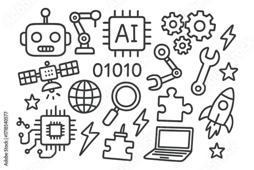 Robotics Doodle Icons. Hand-drawn doodle illustration robotics and AI chip robot head, arm, gears, microchip, circuit board, satellite, globe, wrench, binary