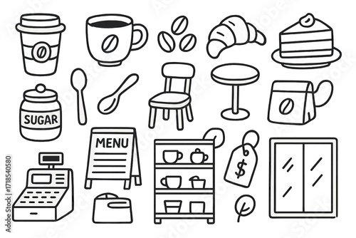 Coffee Shop Doodle. Hand-drawn doodle illustration coffee shop coffee cup, mug, beans, croissant, cake slice, spoon, sugar jar, chair, table, cash register,