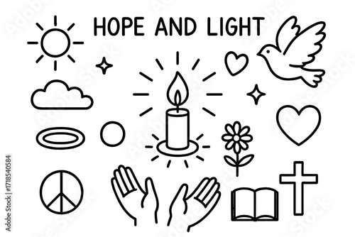 Hope and Light Symbols. Hope and Light. Hand-drawn doodle illustration hope and light candle, flame, sun rays, heart, dove, star, cloud, halo, hands, circle,