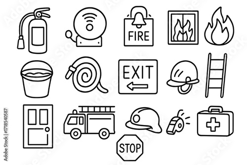 Fire Safety Icons. Hand-drawn doodle illustration fire safety fire extinguisher, smoke detector, fire alarm, flame, water bucket, hose, exit sign, window,