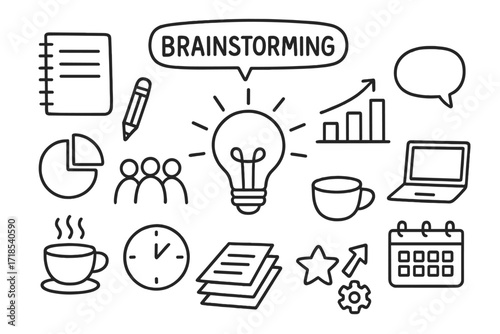 Brainstorming Doodle Icons. Hand-drawn doodle illustration brainstorming session light bulb, notebook, pencil, chart, graph, group of people, laptop, calendar,