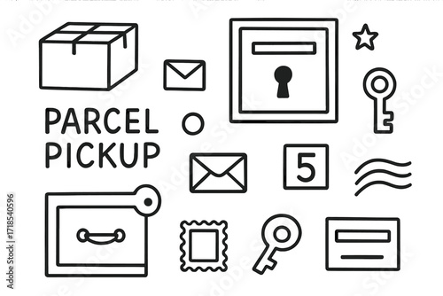Postal Doodle Icons. Hand-drawn doodle illustration Parcel pickup at PO box package, box, envelope, letter, keyhole, lock, key, star, number plate, drawer,