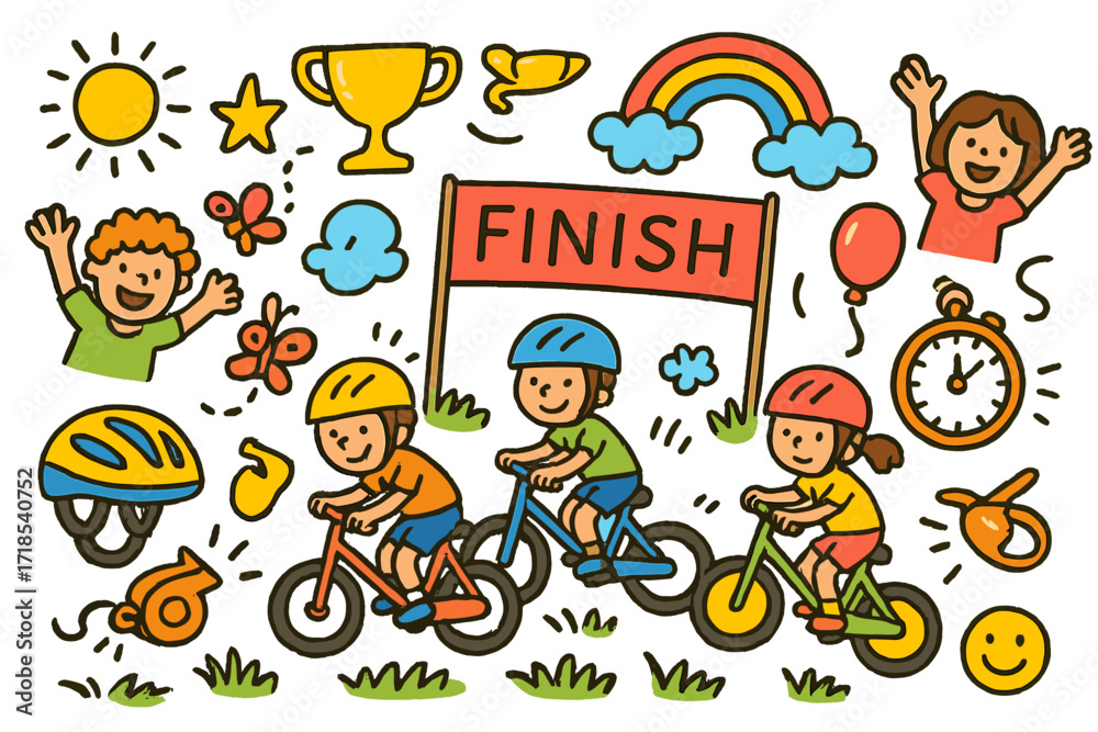 Fototapeta premium Children's Cycling Race. Colorful Hand-drawn doodle Children illustration cycling fun race finish flag, bicycle, trophy, whistle, stopwatch, helmet, star,