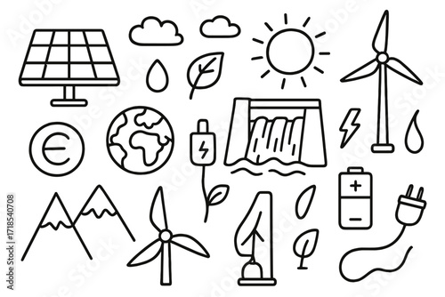 Clean Energy Doodles. Hand-drawn doodle illustration [clean energy sources] [solar panel, windmill, hydroelectric dam, sun, leaf, globe, energy symbol,