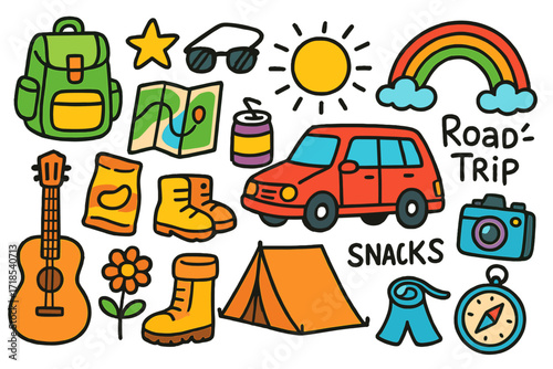 Roadtrip Adventure Doodles. Colorful Hand-drawn doodle Children illustration Road Trip Backpacking [car, backpack, map, snack, soda can, guitar, star, sun,