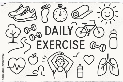 Daily Exercise Icons. Daily exercise. Hand-drawn doodle illustration daily exercise sneakers, footprints, stopwatch, dumbbells, water bottle, yoga mat,