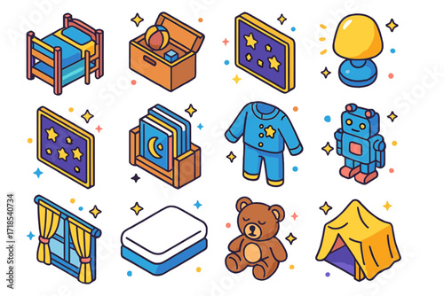 Cozy Kids' Bedroom Icons. Colorful isometric vector icons set of cozy children's bedrooms: small bunk bed, colorful rug, wooden toy box, glowing