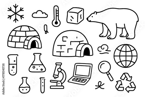 Polar Research Doodles. Hand-drawn doodle illustration polar research station igloo, snowflake, thermometer, ice block, polar bear, globe, laptop, flask,