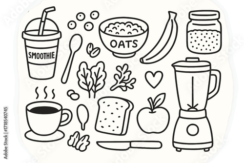 Healthy Breakfast Doodle. Hand-drawn doodle illustration healthy breakfast plant-based smoothie cup, oats bowl, berries, banana, chia seeds, spoon, glass jar,