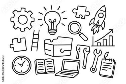 Technical Problem Illustrations. Hand-drawn doodle illustration Technical problem solving gear, light bulb, magnifying glass, puzzle piece, rocket, ladder,