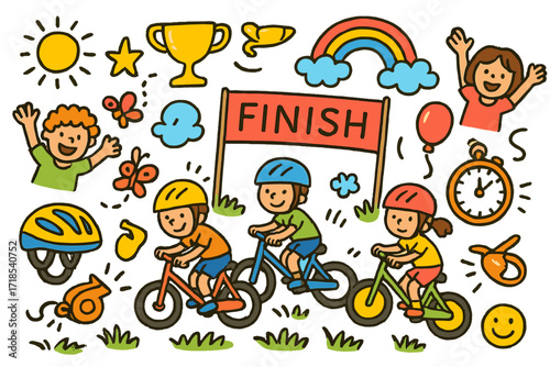Children's Cycling Race. Colorful Hand-drawn doodle Children illustration cycling fun race finish flag, bicycle, trophy, whistle, stopwatch, helmet, star,