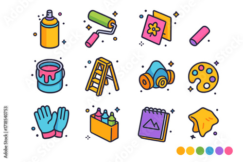 Street Art Tools. Colorful isometric vector icons set of street artist tools: spray paint can, paint roller, stencils, paint bucket, ladder, chalk stick,