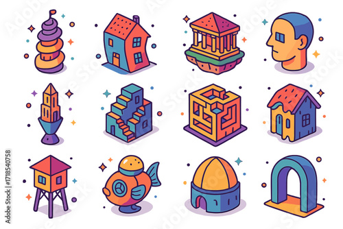 Bizarre Architecture Icons. Colorful isometric vector icons set of bizarre architecture: spiral tower, bent house, floating temple, building shaped like head,