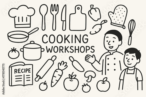 Cooking Workshop Doodles. Hand-drawn doodle illustration Cooking workshops [chef hat, spoon, fork, knife, pan, pot, cutting board, rolling pin, oven mitt,