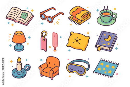 Bedtime Reading Essentials. Colorful isometric vector icons set of bedtime reading essentials: open storybook, reading glasses, cozy blanket, cup of tea,