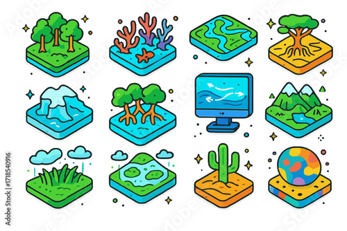 Ecological Digital Twins. Colorful isometric vector icons set of digital twins for ecosystems: forest canopy model, coral reef simulator, wetland digital map,