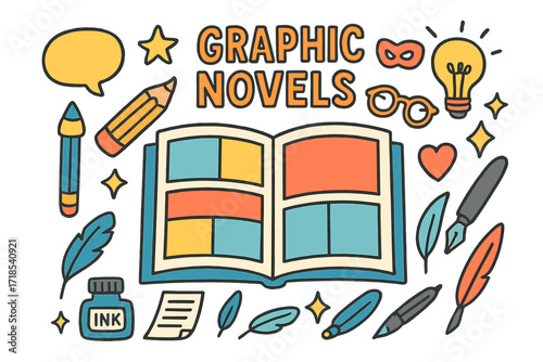 Comic Book Art. Graphic novels. Colorful Hand-drawn doodle Children illustration open comic book, speech bubble, pencil, ink bottle, superhero mask, star,