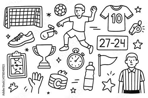 Handball Icons Doodle. Hand-drawn doodle illustration handball team activity handball, goal net, jersey, sneakers, whistle, scoreboard, trophy, stopwatch,