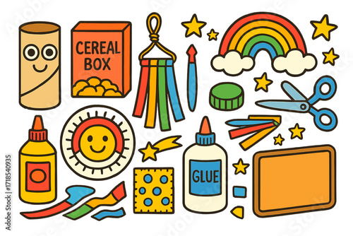 Upcycled Kids Art. Colorful Hand-drawn doodle Children illustration Upcycled art project cardboard tube, cereal box, paper plate, paint, googly eyes, smiling