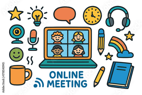 Playful Online Meeting Icons. Colorful Hand-drawn doodle Children illustration Online Meeting [laptop, webcam, microphone, headphones, coffee mug, clock,