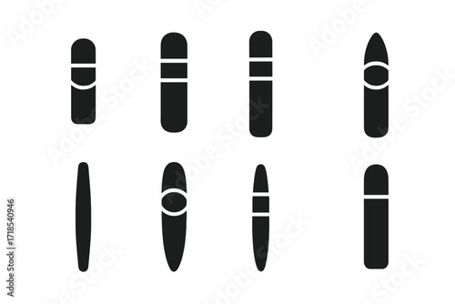 Cigar Icon Set. Solid, filled icon set of cigar types: robusto, corona, churchill, torpedo, panatela, perfecto, lancero, maduro. Solid, filled icons in only