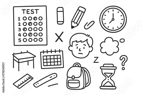 Exam Doodle Sheet. Hand-drawn doodle illustration multiple choice test sheet with bubbles, pencil, eraser, clock, check mark, X symbol, student face, sigh