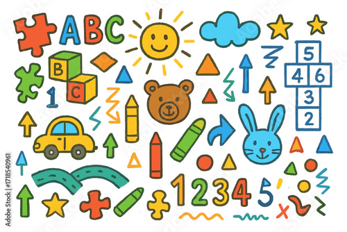 Playroom Doodle Rug Design. Colorful Hand-drawn doodle Children illustration Playroom rug designs toy blocks, puzzle pieces, ABC letters, numbers, sun, clouds,