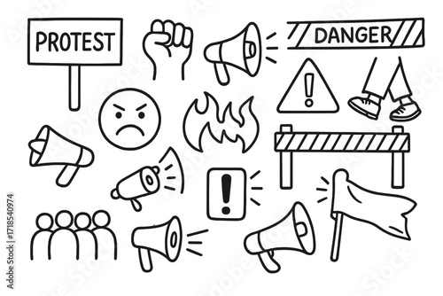 Protest Symbol Doodles. Hand-drawn doodle illustration public unrest protest sign, raised fist, megaphone, angry face, broken window, flame icon, warning